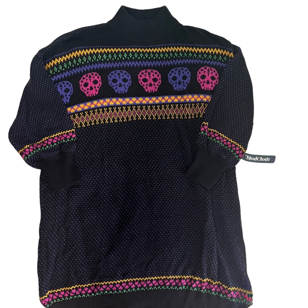 NWT ModCloth Black Sweater Dress with Colorful Skull Pattern